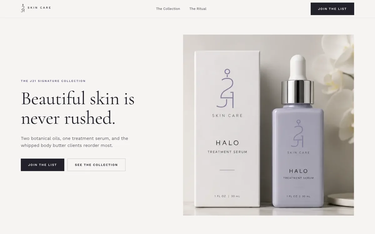J21 Skin Care, the home page